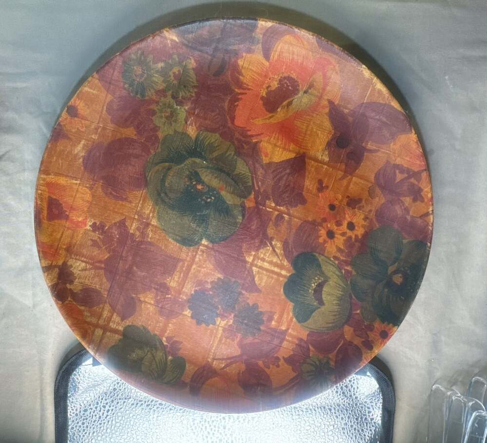 Vintage 13" Floral Woven Wood Serving Tray